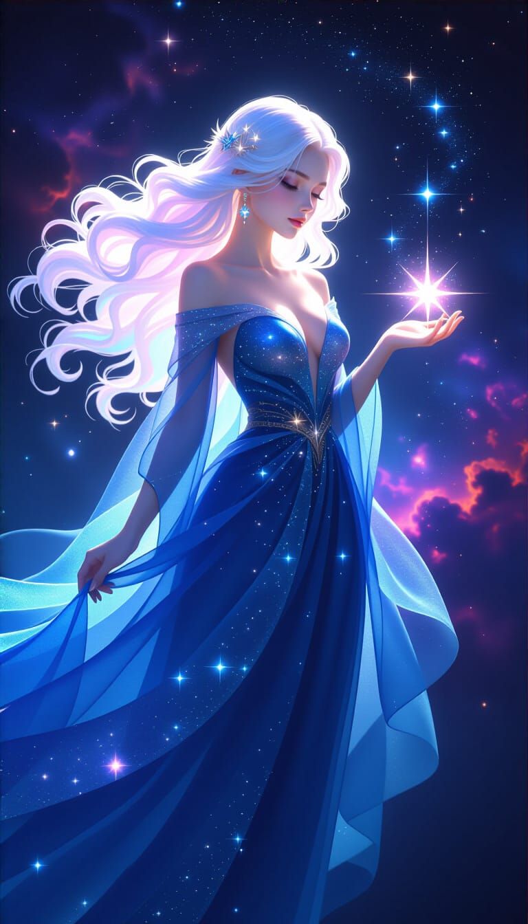 Celestial Goddess Amidst Nebulas, Holding a Star