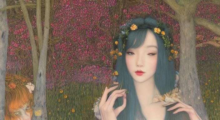 Sunset-Hybrid Woman in Magical Forest, Art Nouveau Style