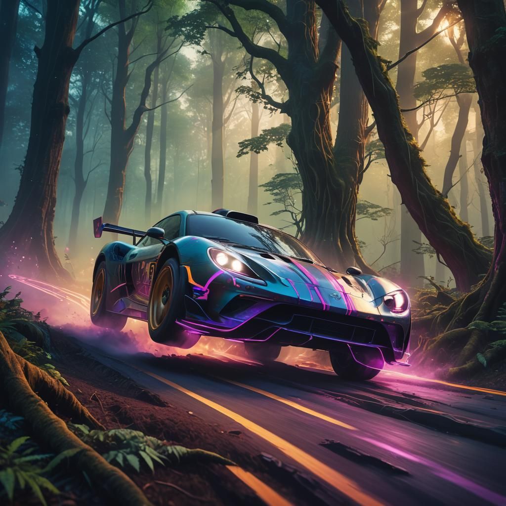 Racecar Speeds Through Mystical Forest, Art Nouveau