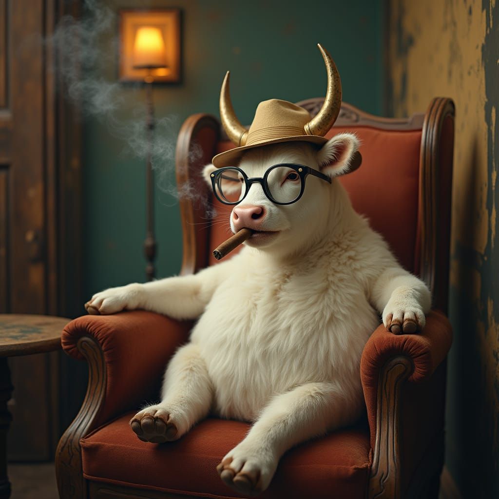 Cow Smokes Cigar in Vintage-Inspired Scene