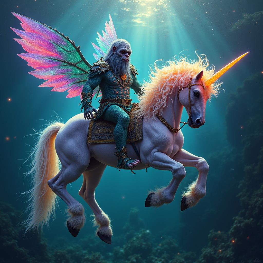 Sasquatch Rides Unicorn with Loch Ness Monster