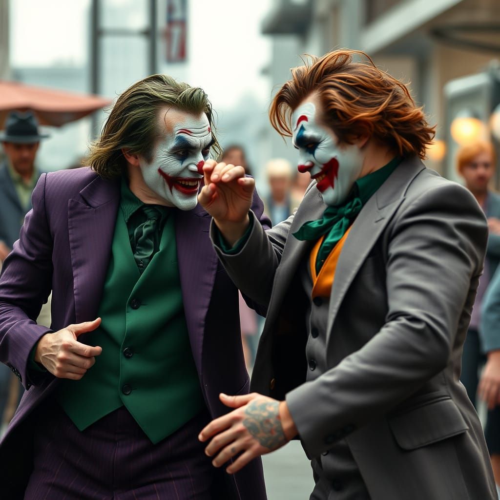 Older Heath Ledger as the Joker fighting Joaquin Phoenix as The Joker.