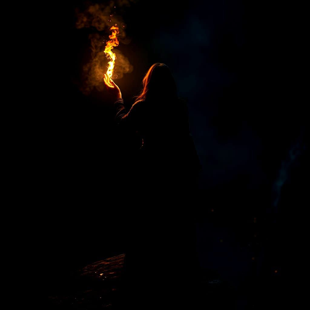 Woman Lighting Flame in Dark Fantasy Landscape
