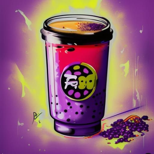 Purple Boba Tea Graffiti Art in Coffee Shop