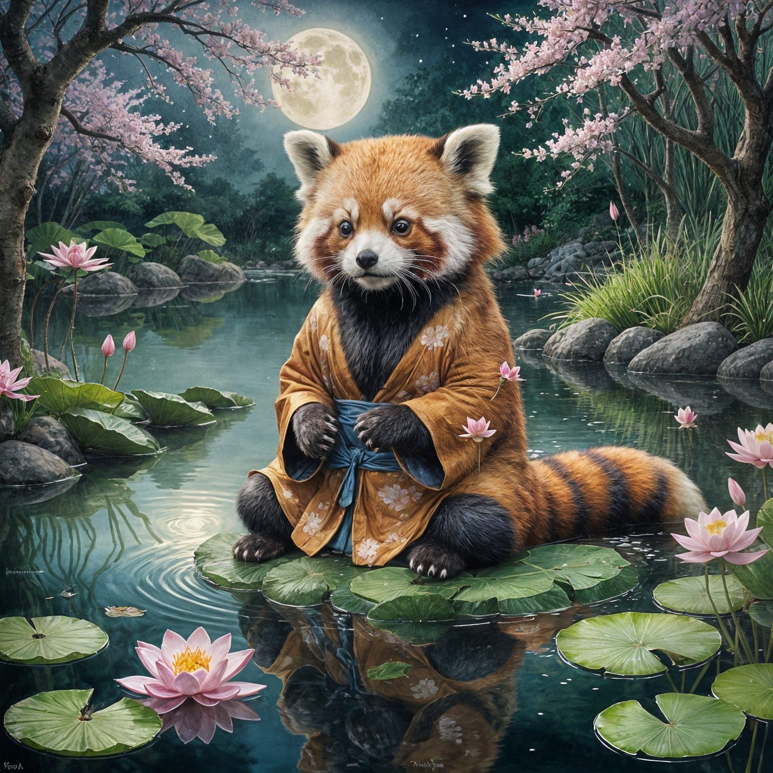 Red Panda Meditating in Moonlit Japanese Garden