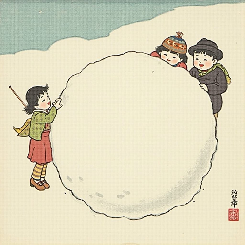 Children Rolling Snowball in Ukiyo-e Style