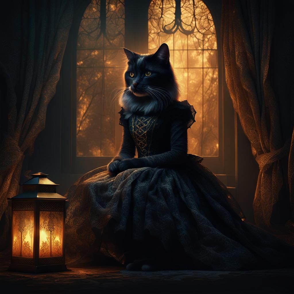 Elegant Cat with Witch in Dark Fantasy Style