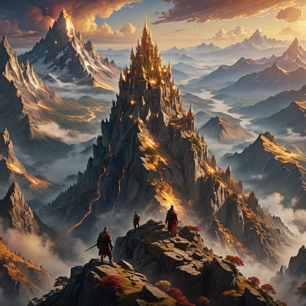 Triumphant Figure Overlooking a Mystical Realm