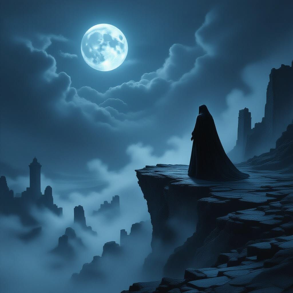 Lone Sorceress Overlooking Desolate Moonlit Landscape