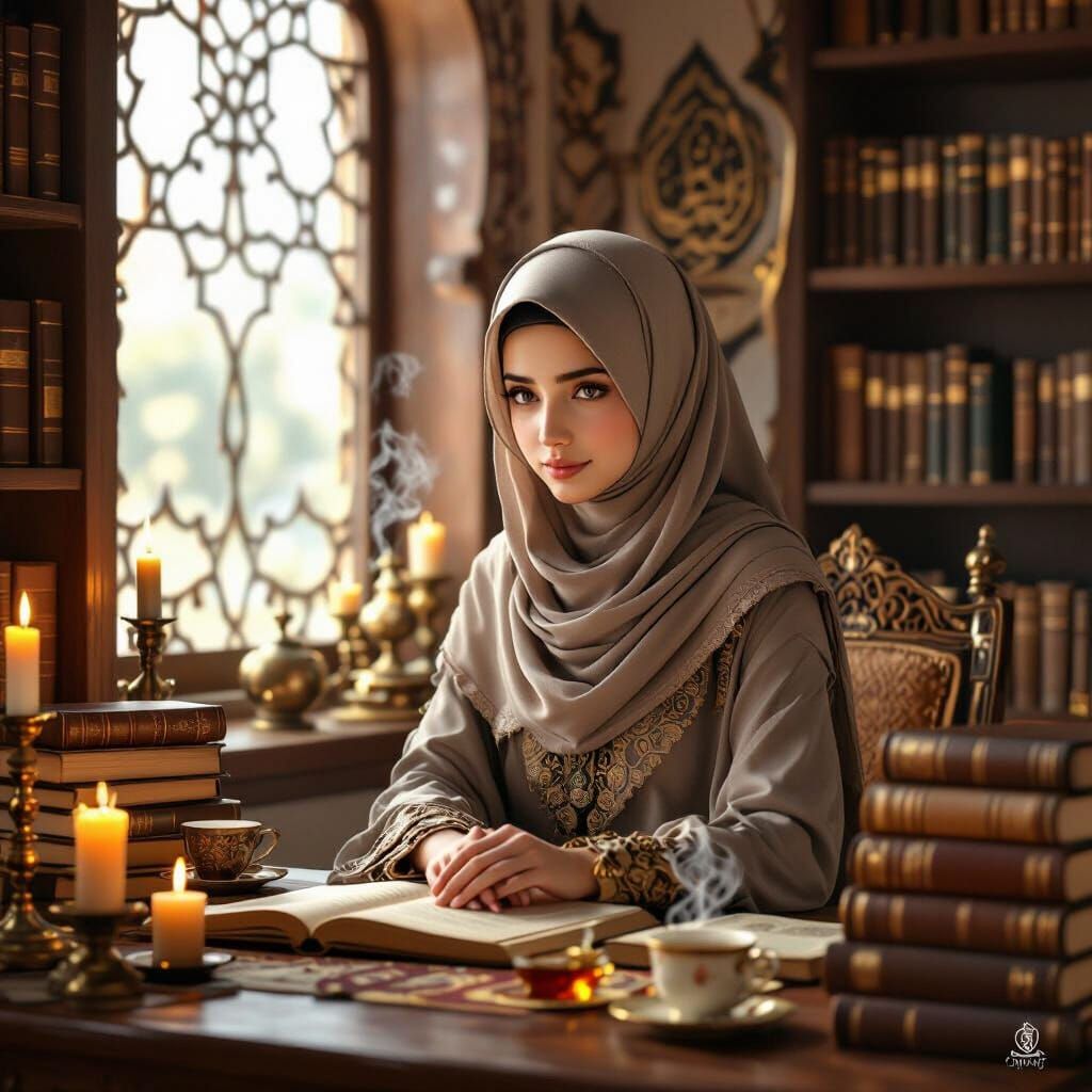 Girl Studying in Cozy Islamic Library, Digital Art
