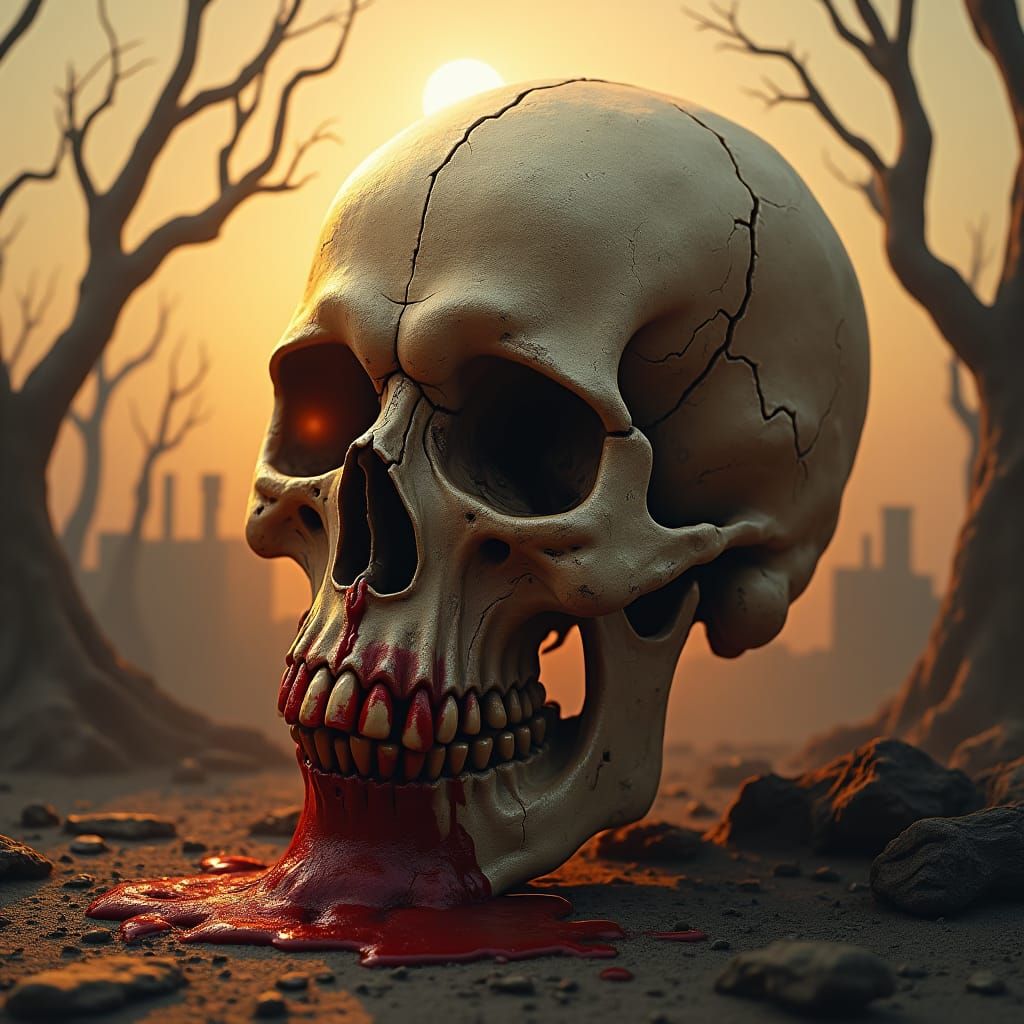 Mystical Skull Weeping Blood in Post-Apocalyptic Landscape