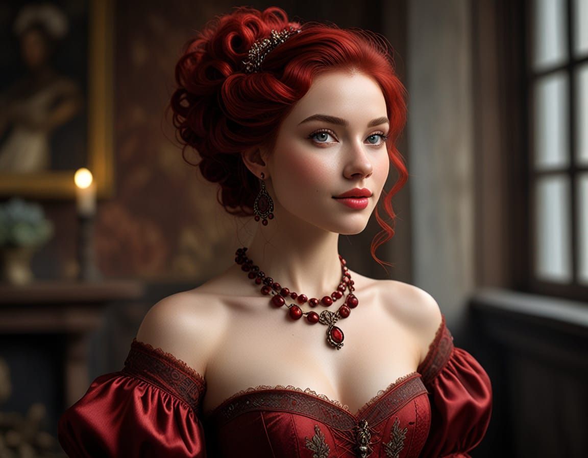 Hyperrealistic Portrait of a 1480s Redheaded Lady in Baroque...