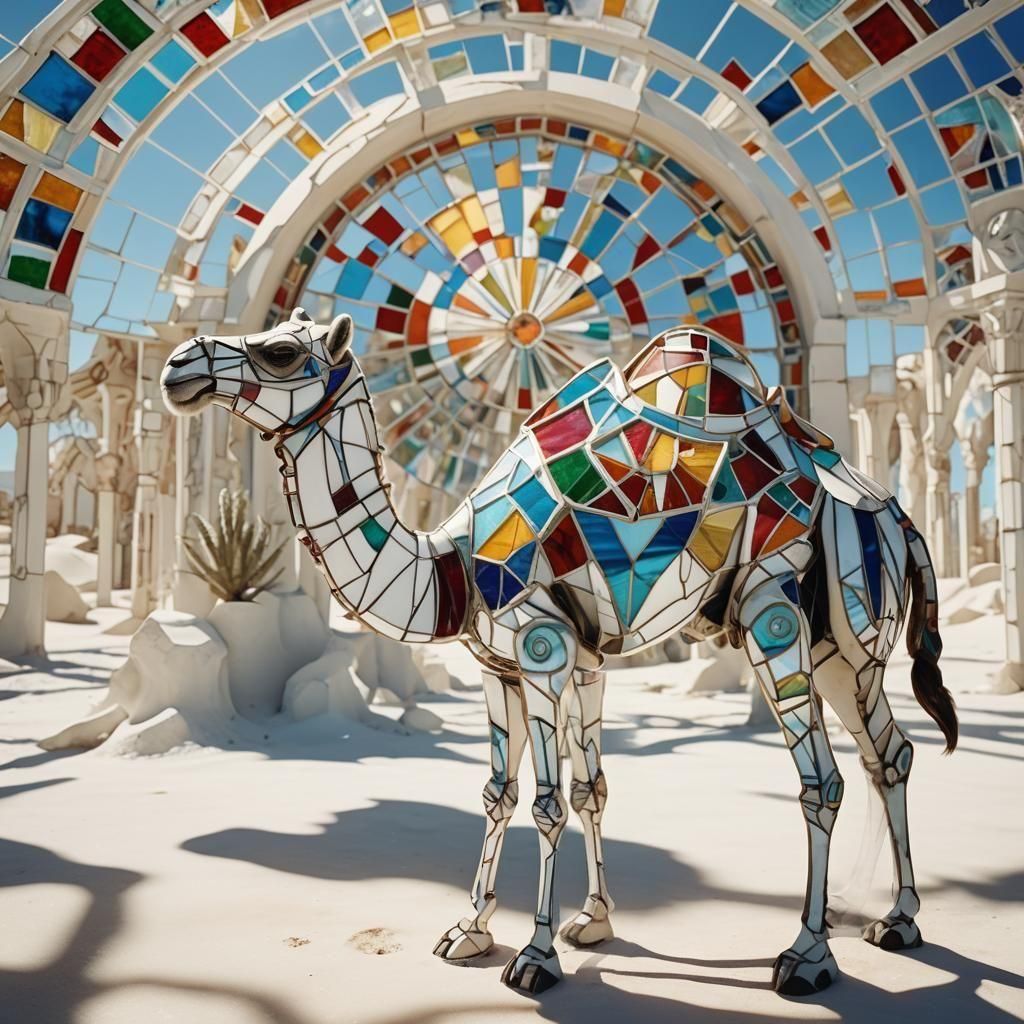 Stained Glass Biomechanical Camel in White Wasteland