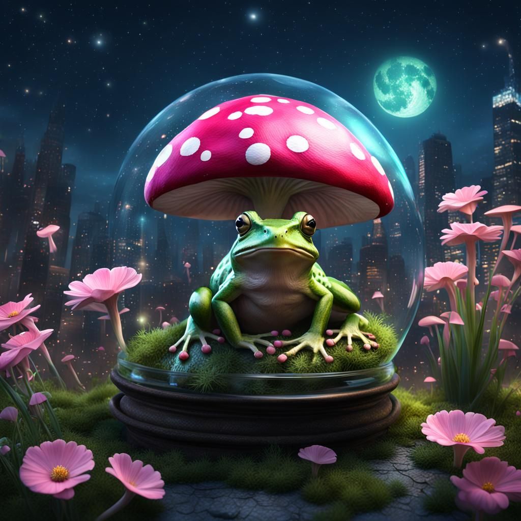 Frogs and Mushrooms in City Terrarium at Night