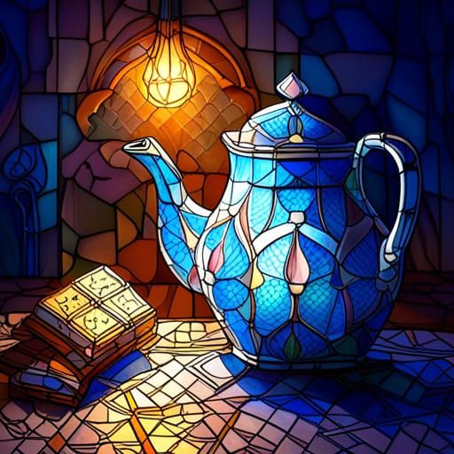 Blue Stained Glass Teapot in Dramatic Light