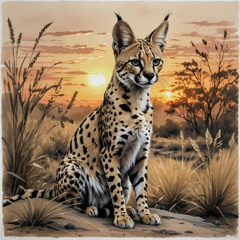 Serval Cat at Sunset: Color Wash Sketch