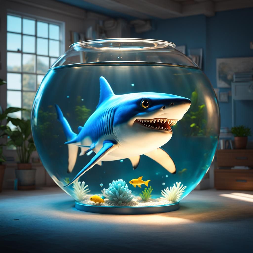 Cute Fuzzy Blue Shark in Fishbowl: Digital Art