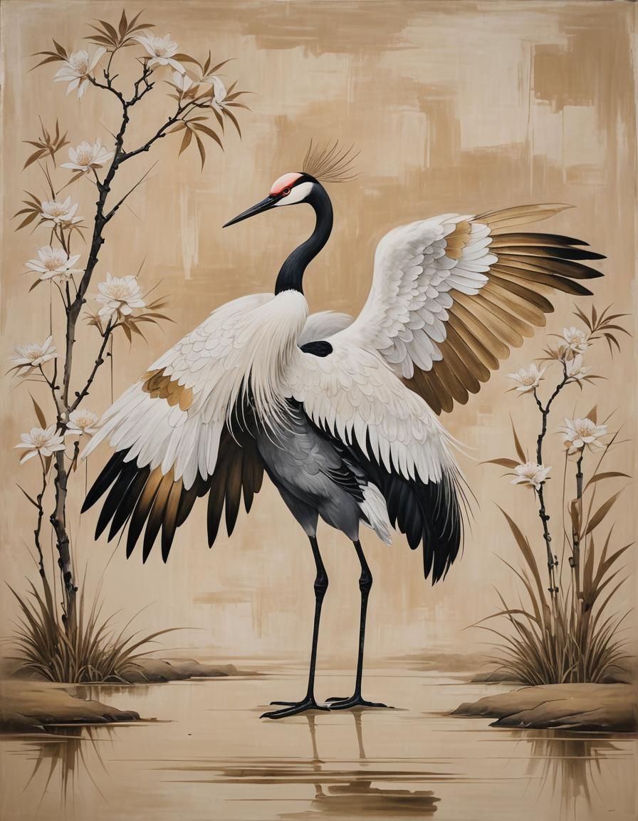 Japandi Oil Painting of a Japanese Crane