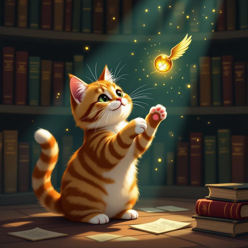Ginger Cat Chases Golden Snitch in Cozy Room