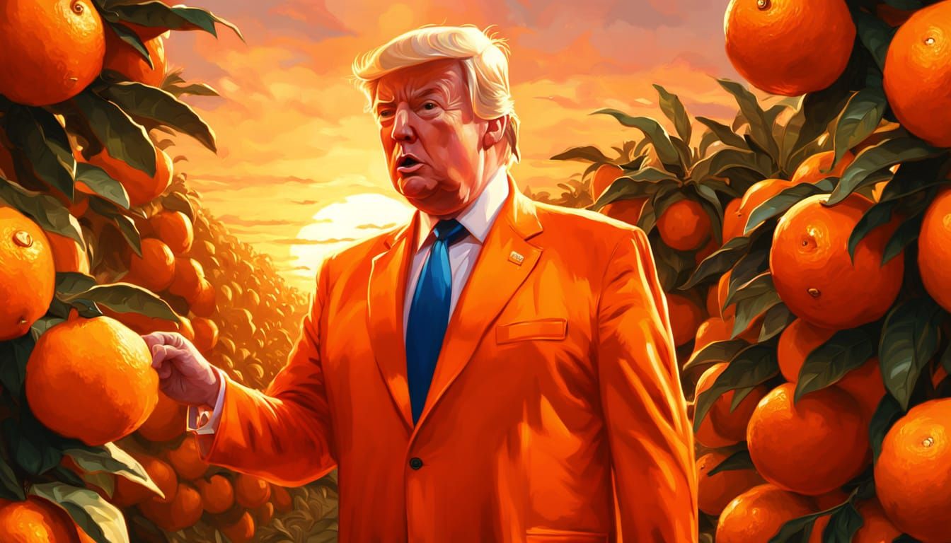 Donald Trump Picking Oranges: A Vibrant Oil Painting