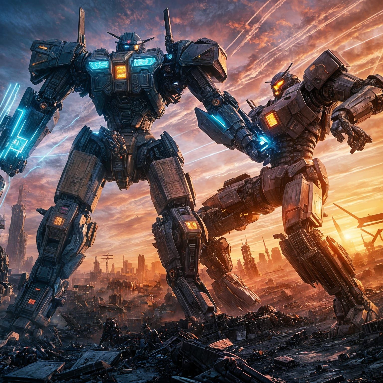 Two colossal Pacific Rim fighting Jaeger mechs locked in mor...