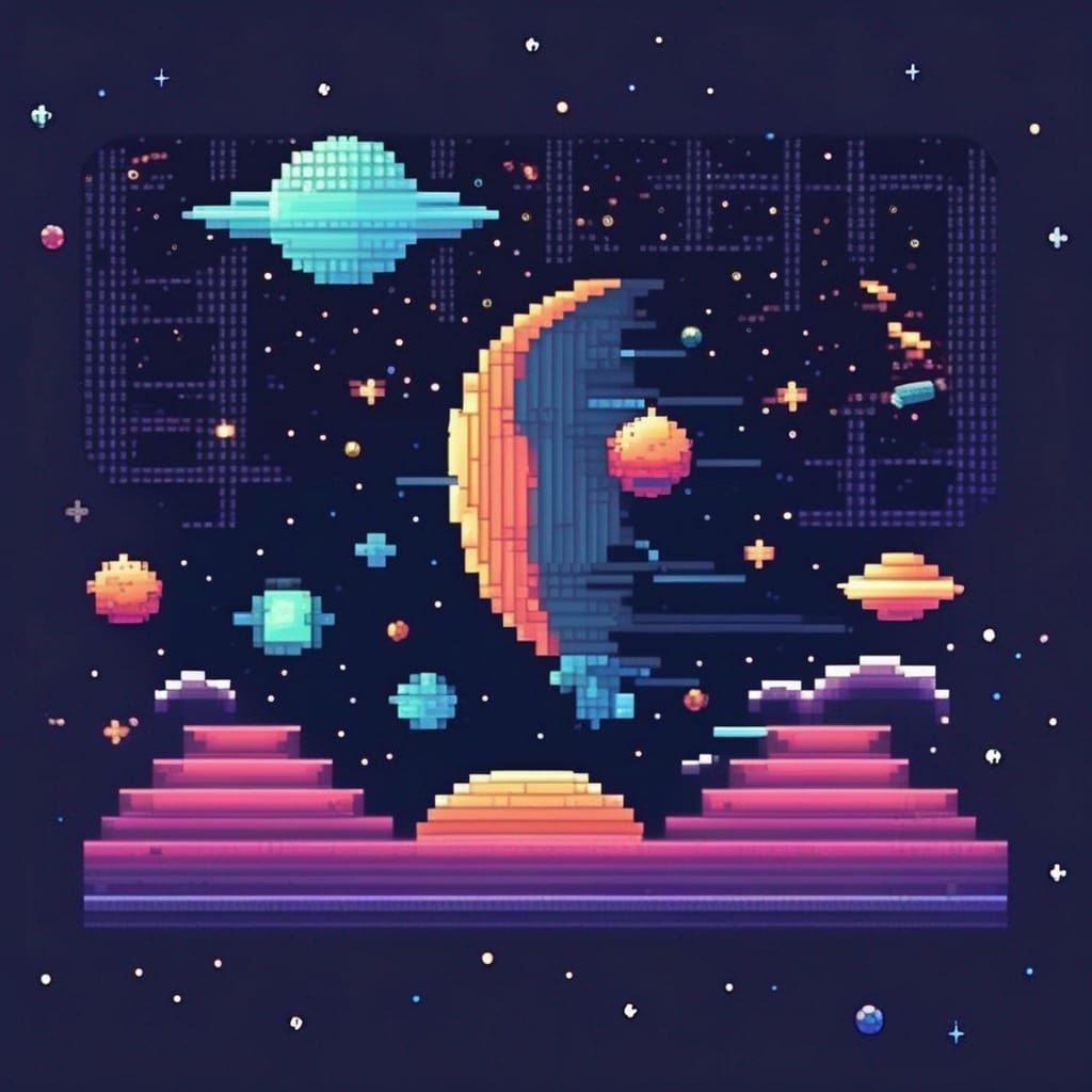 Mouse in Pixel Art on Starry Space Background