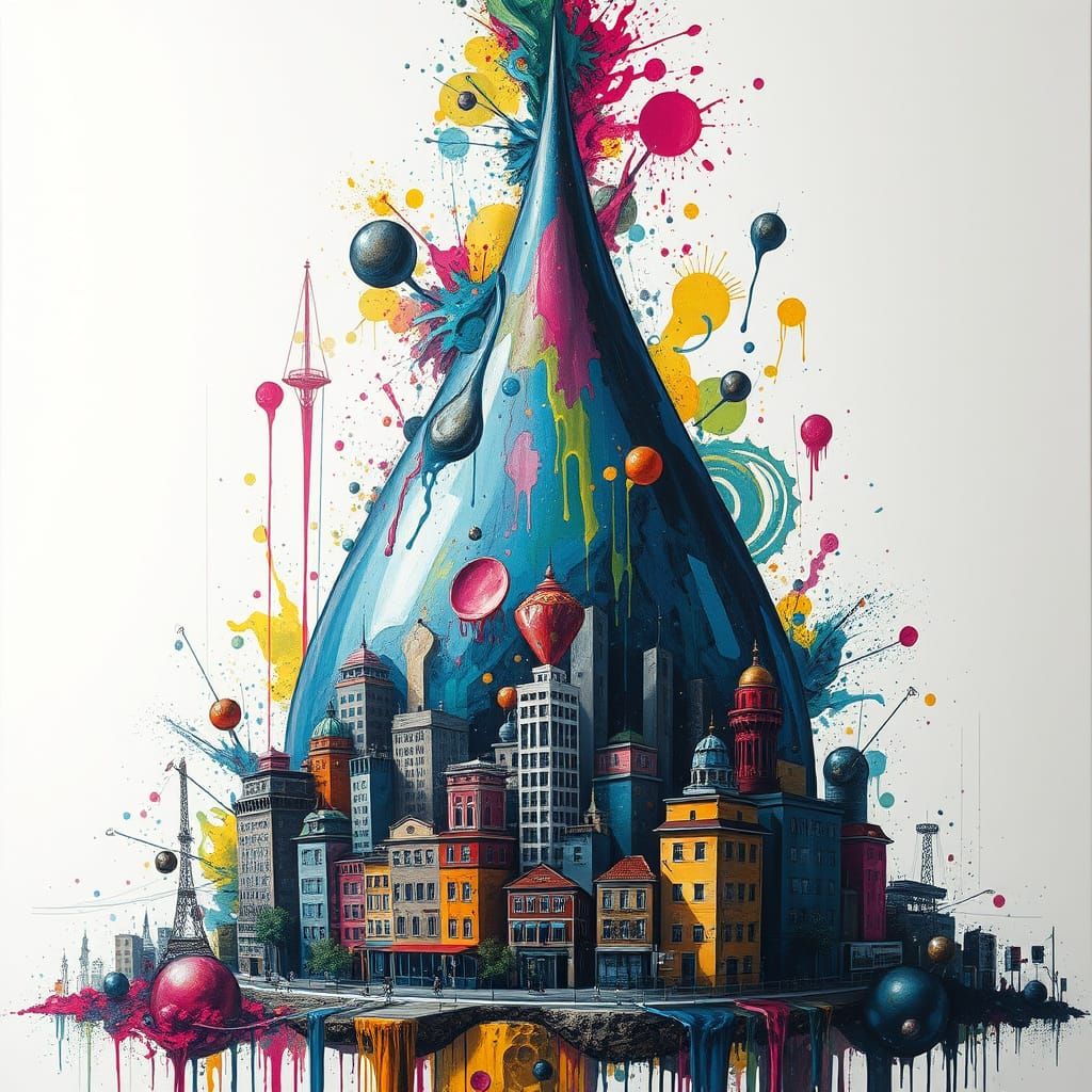 Giant Water Droplet Over Cityscape in Graffiti Art Style