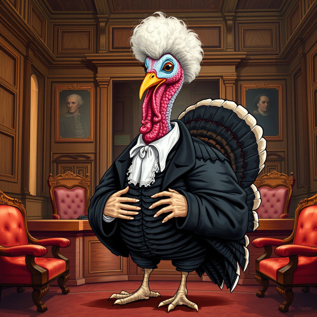 Turkey Barrister in Courtroom, Whimsical Illustration
