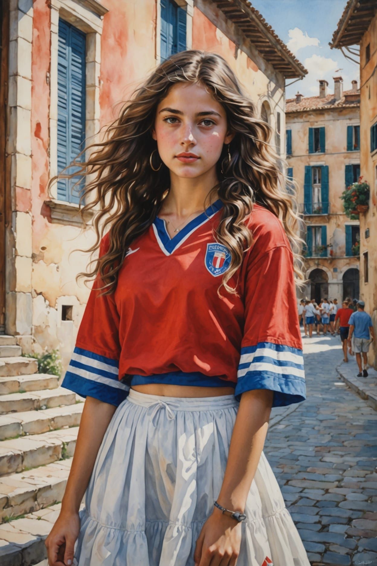 Italian Girl in Summer Outfit: Watercolor Painting