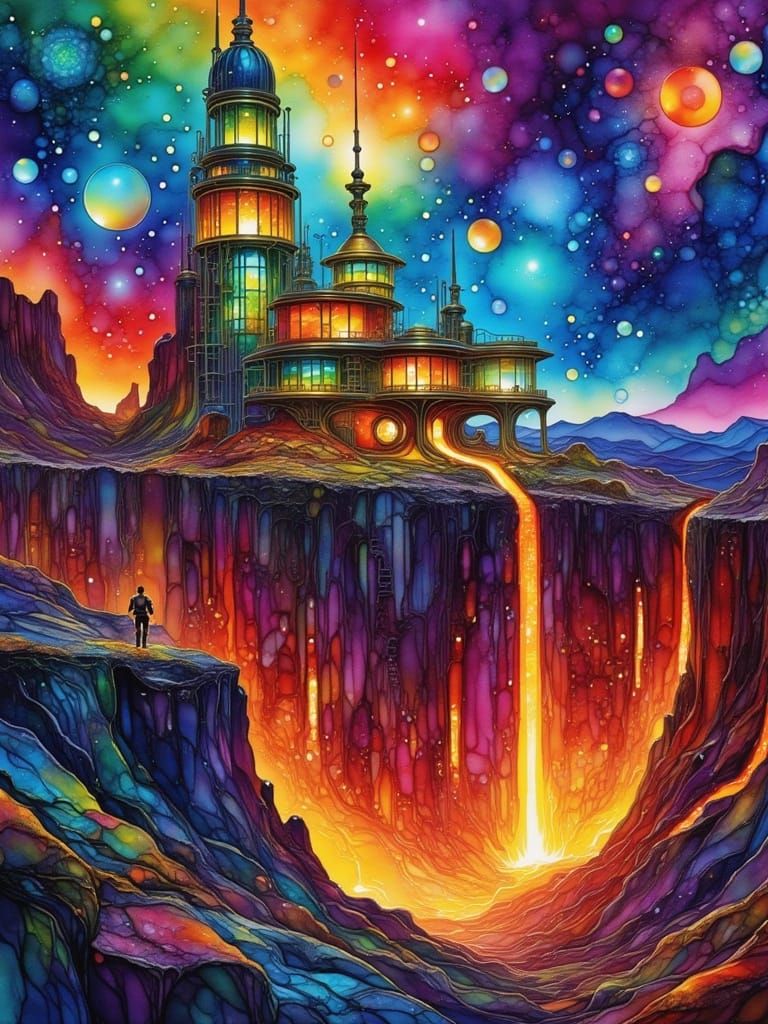 Futuristic Volcanic Research Base with Graffiti Art