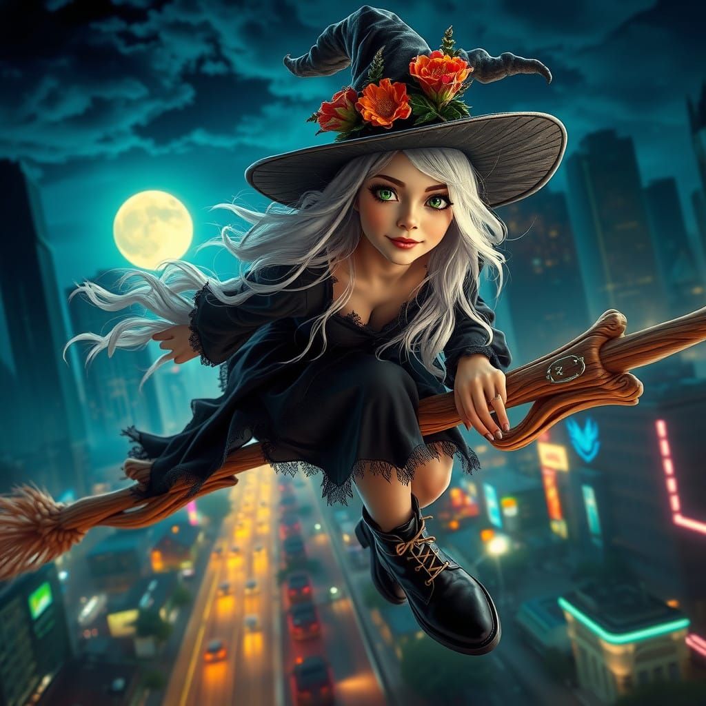 Enchanting Witch Rides Broomstick