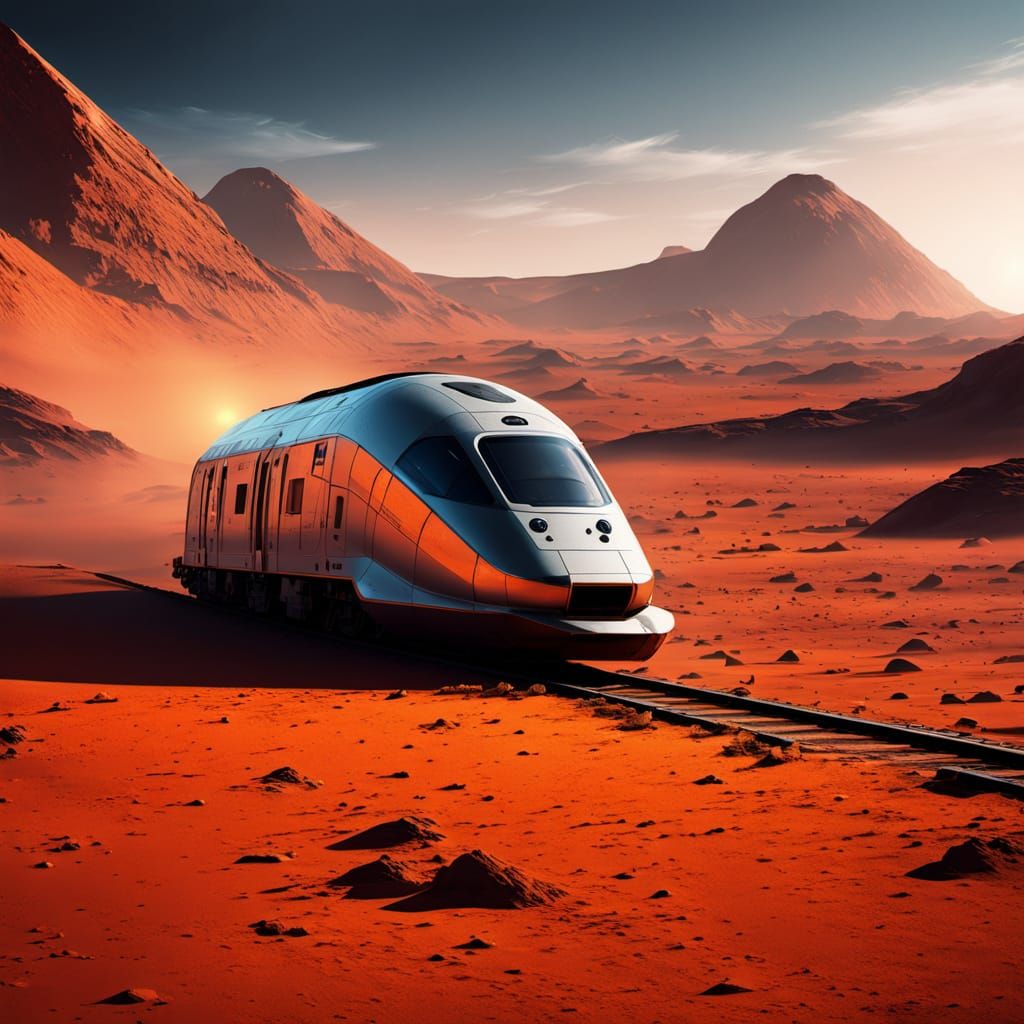 Sleek Silver Train Speeds Across Barren Martian Landscape in...