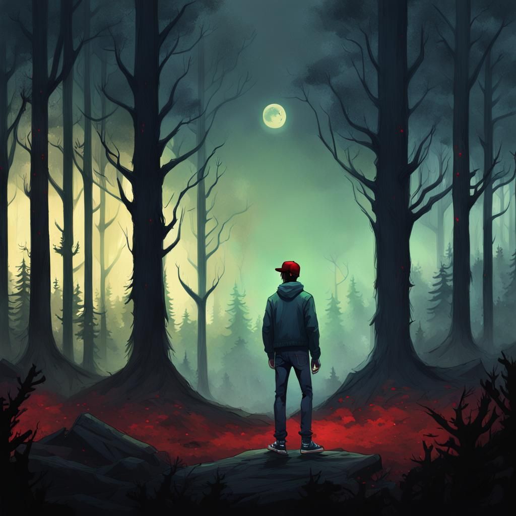 Man Gazing into Gloomy Forest in Dark Surrealism