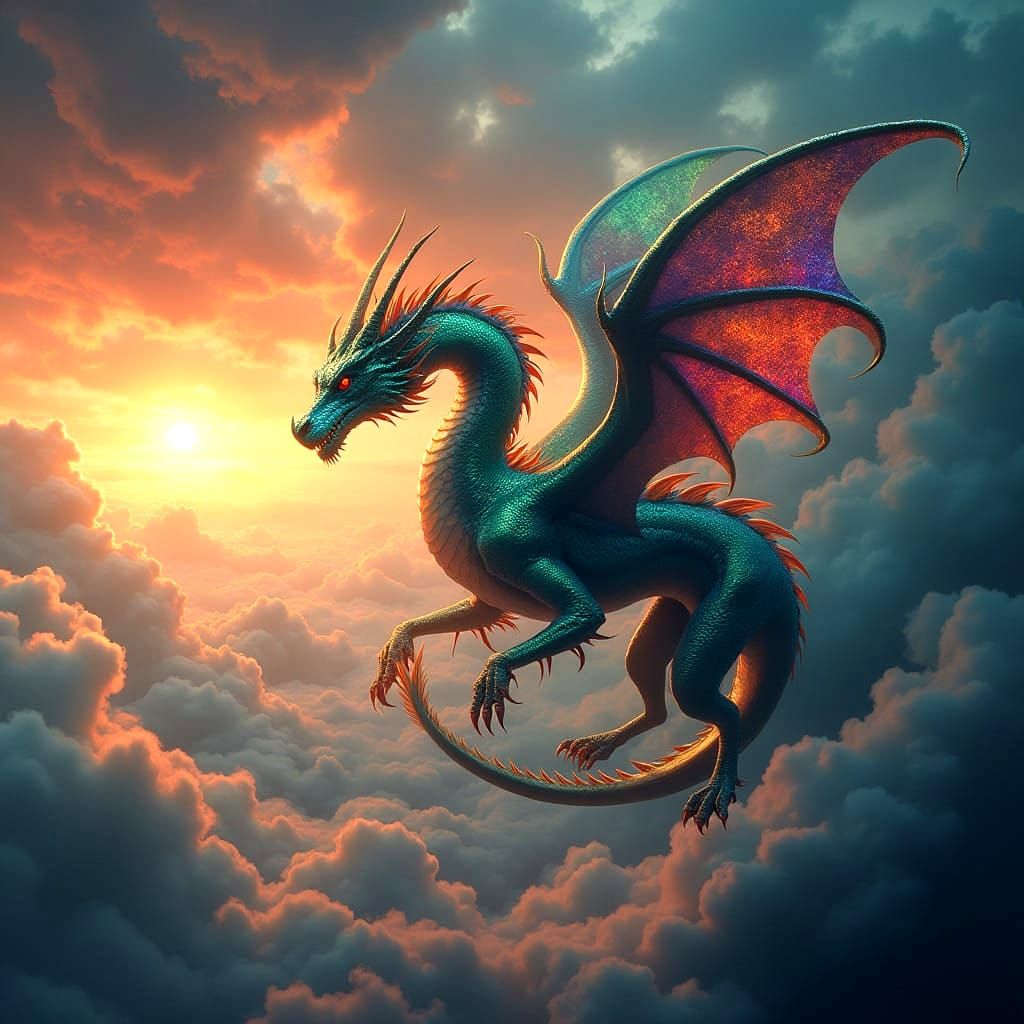 Dragon Soars Through Stormy Sky with Iridescent Diamond Scal...