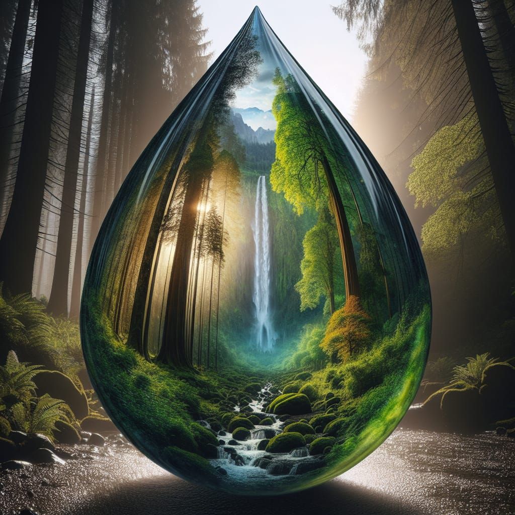 Dreamlike Forest Encased in Color-Shifting Raindrop