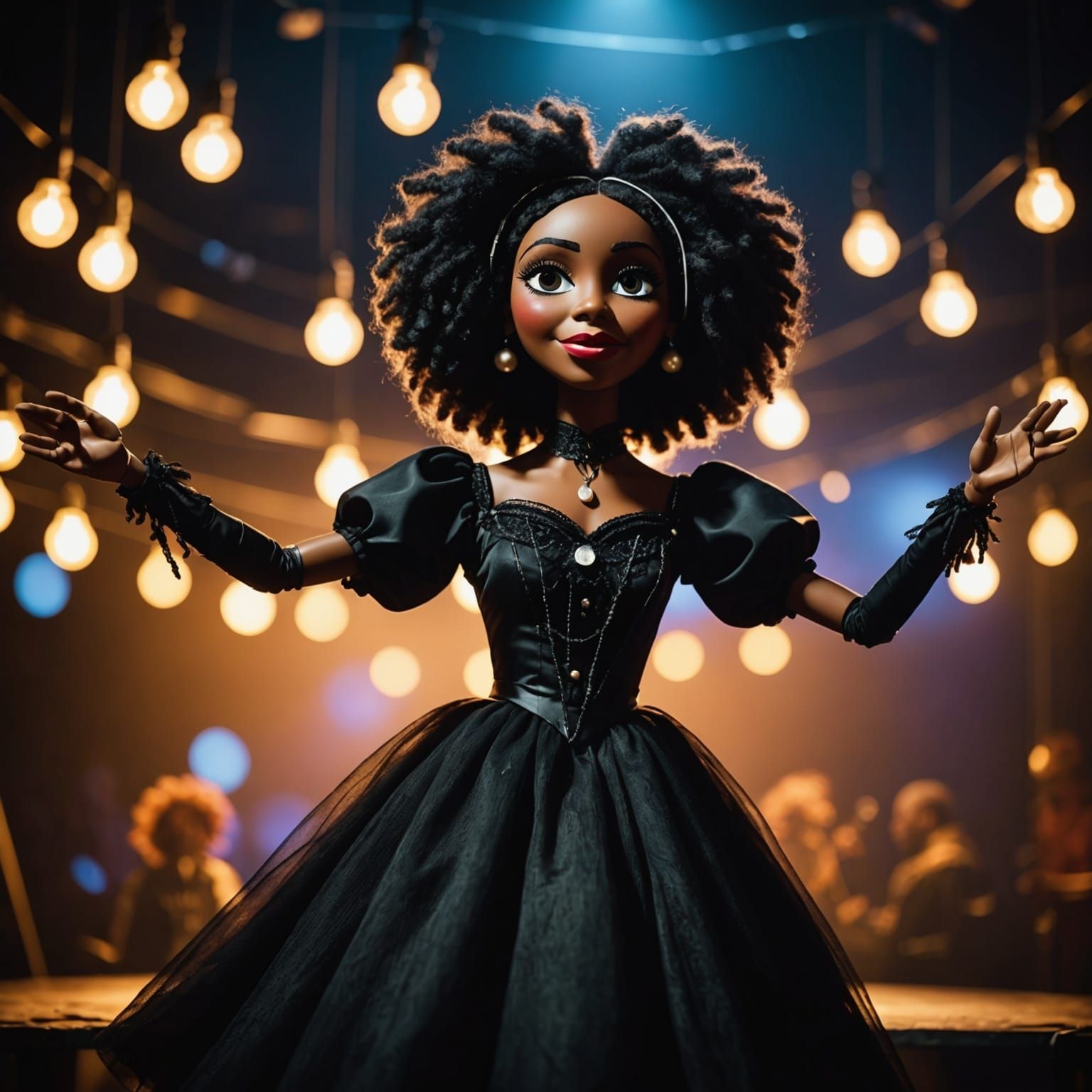 Charming Black Puppet Dances Under Bright Lights