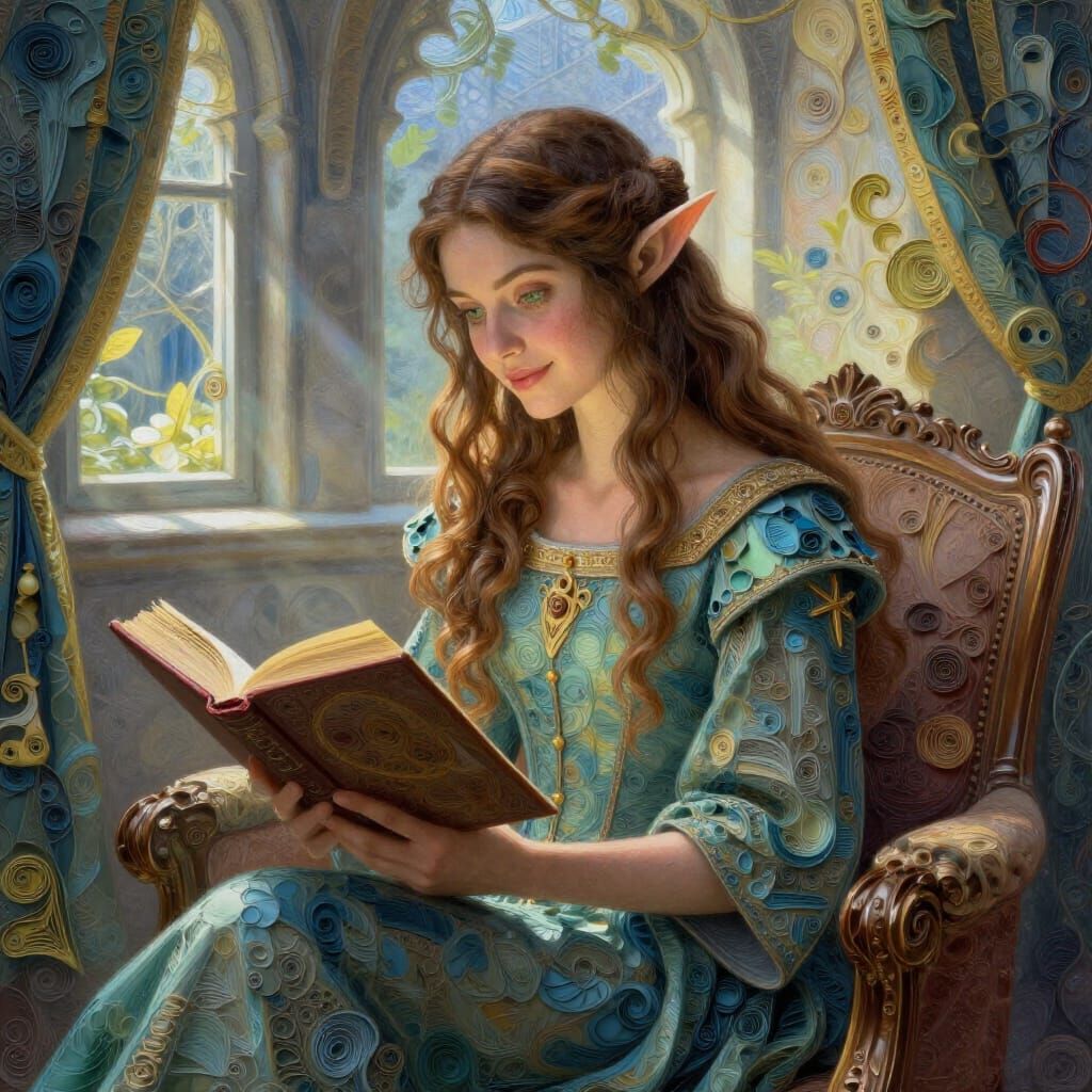 Elegant Elf Reading in Sunlit Fantasy Sitting Room