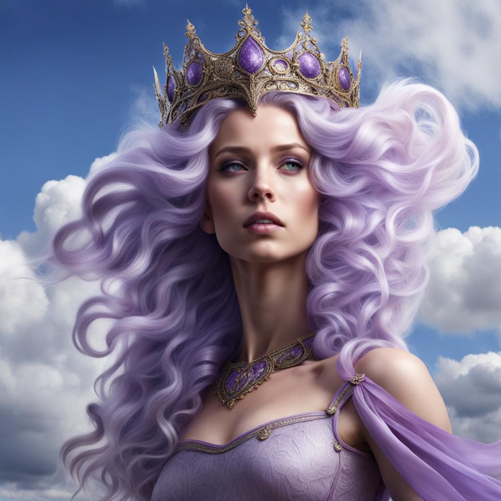 Fantasy Sky Queen with Cloud Hair: Photorealistic Portrait