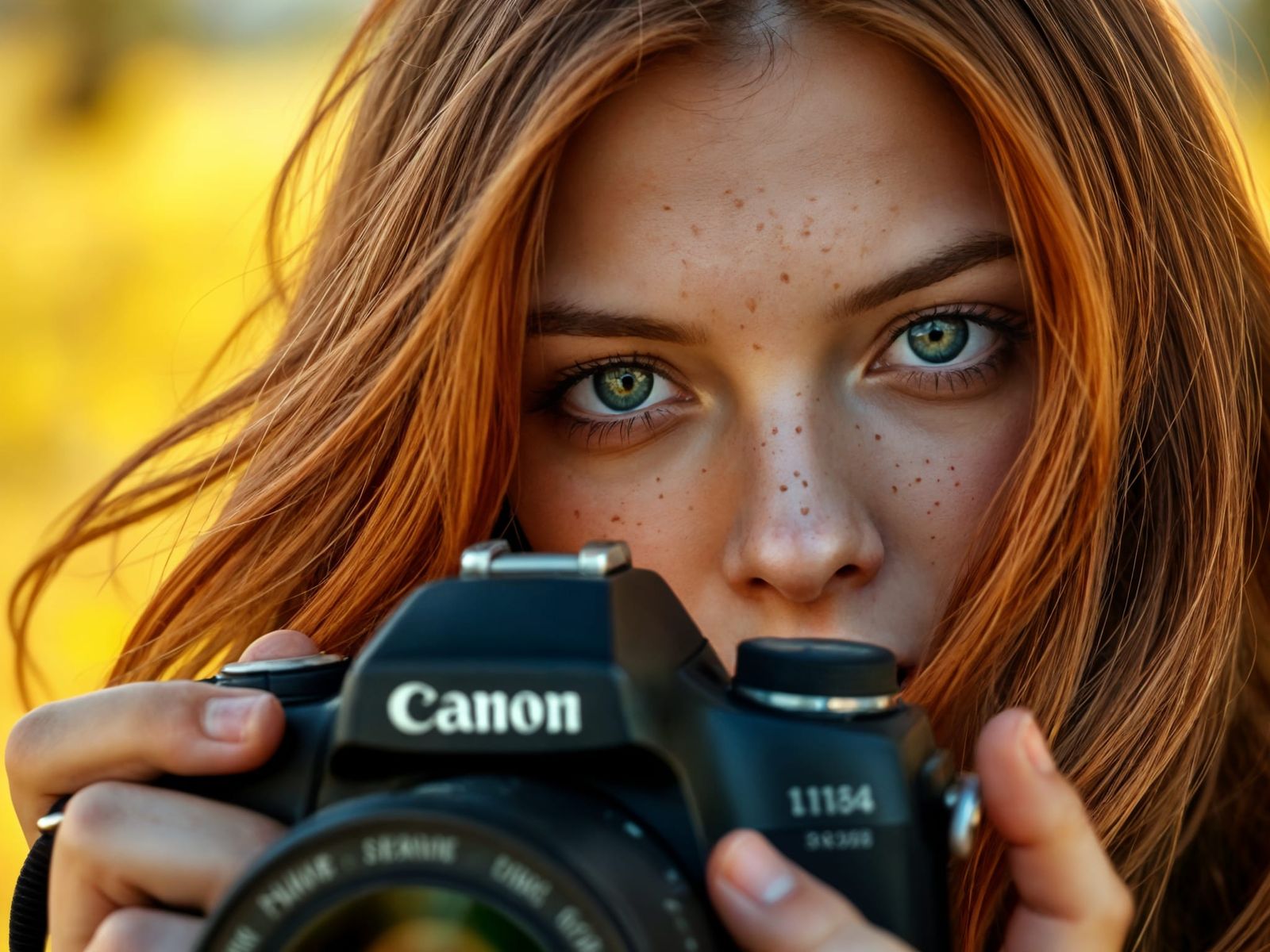 Woman with Copper Hair Gazing Through Canon Camera