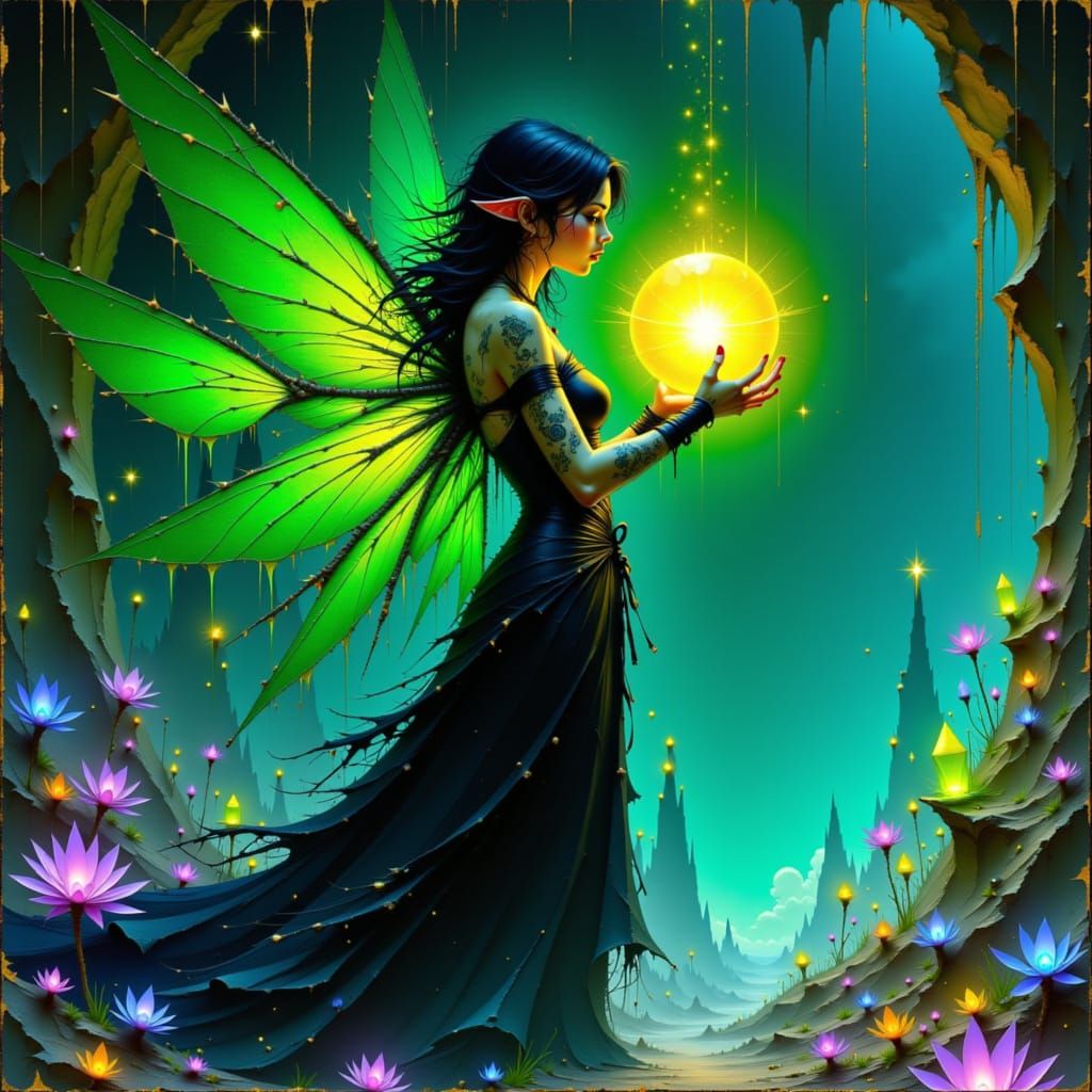 Gothic Fairy with Glowing Tattoos in Crystal Cave