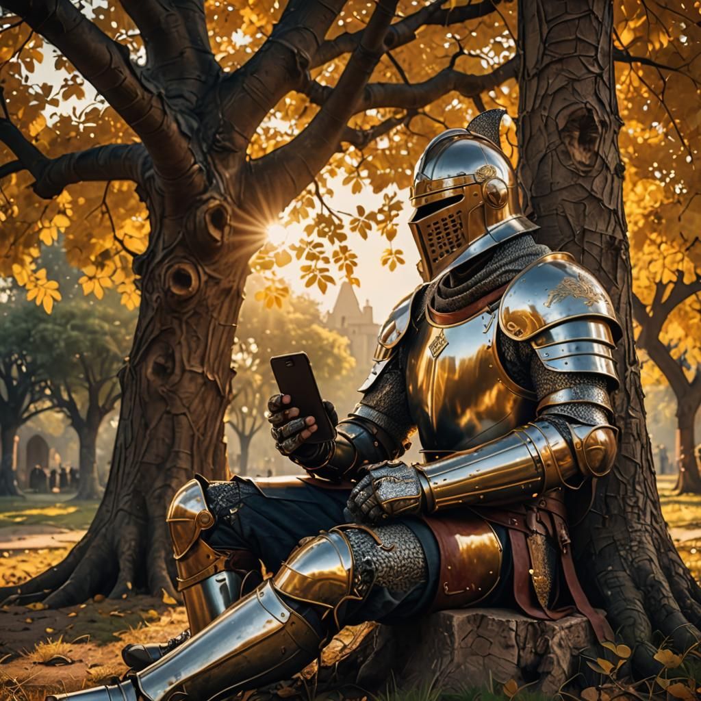 A medieval knight in full armor sitting under a tree, engros...