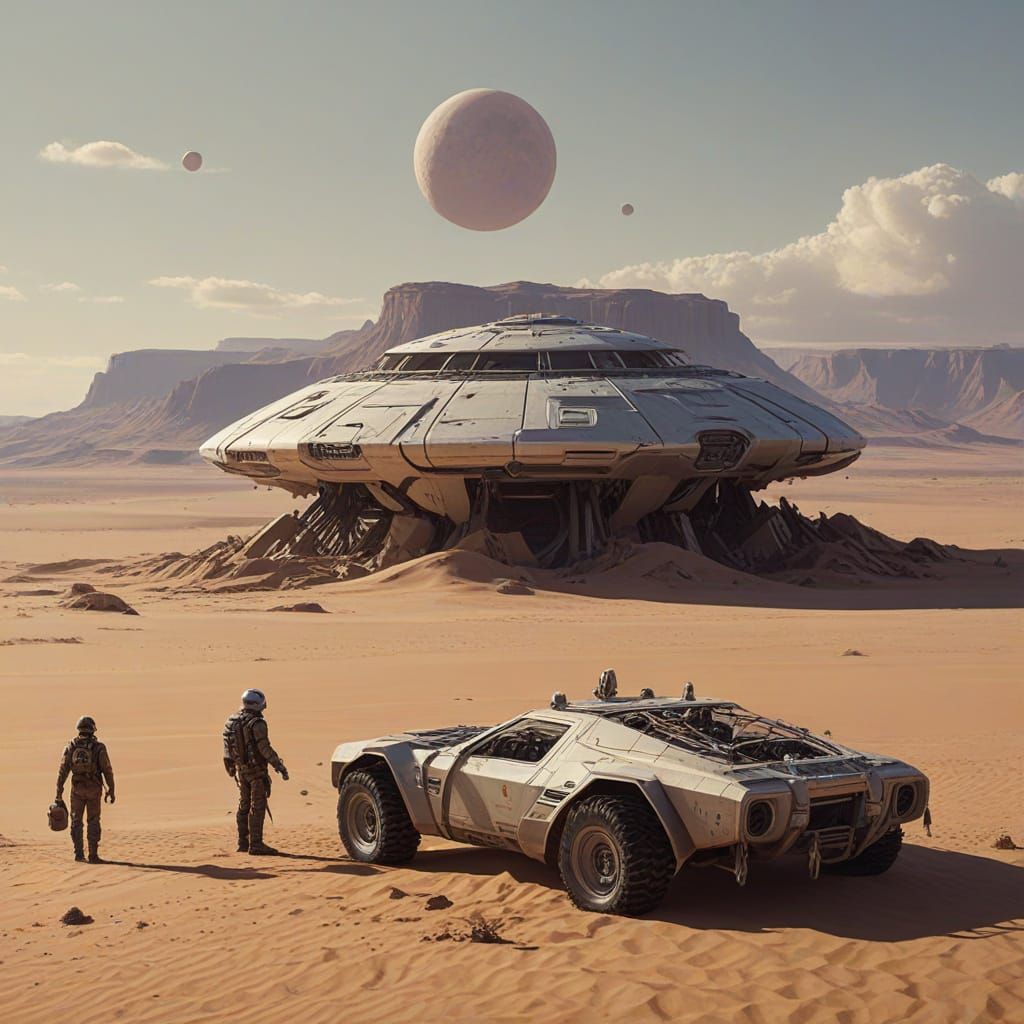 Robotic Archaeologists Excavate Derelict UFO on Alien Desert