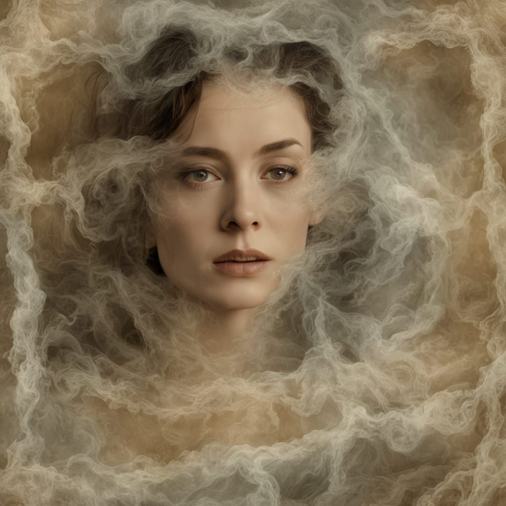 Distressed Woman Moves Through Silk Layers of Illusionary Sc...