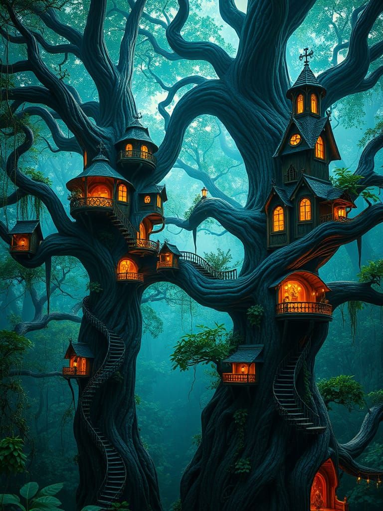 Whimsical Treehouse Village in a Fantastical Forest