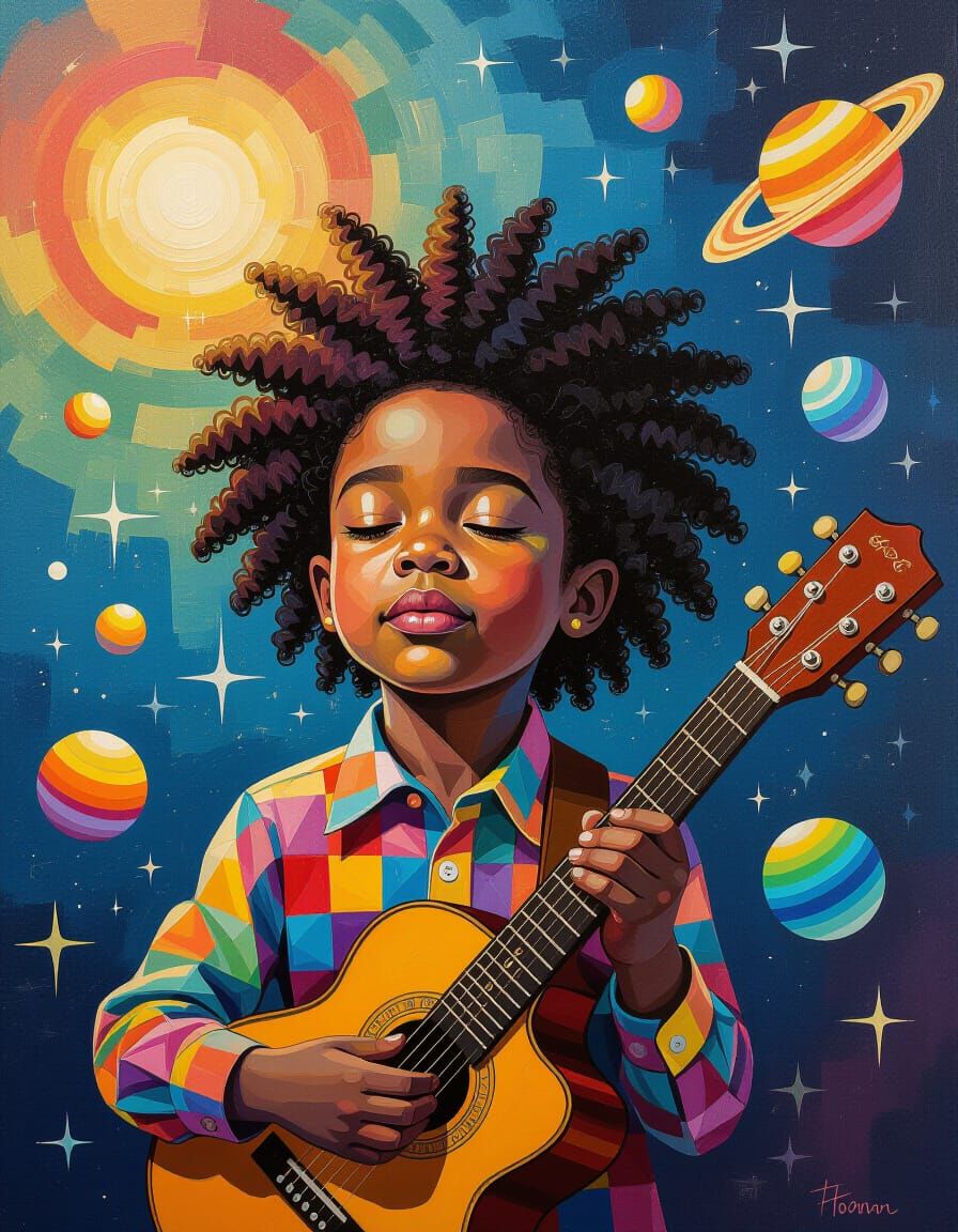 Afrofuturistic Acrylic Painting of Magical Musicians