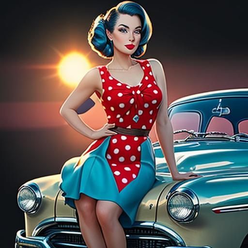 Polka Dot Pin-Up Girl on Chrome Car: 3D Render