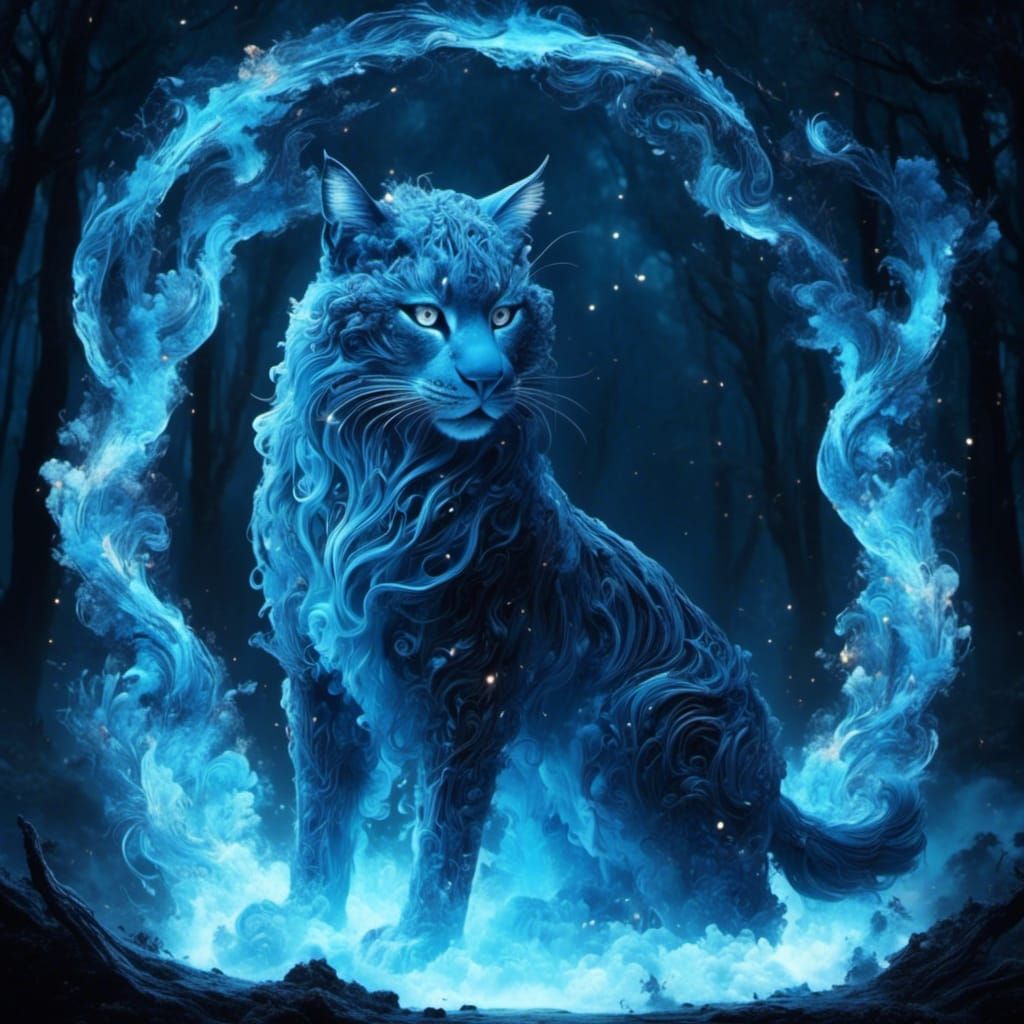 Luminescent Blue Lynx Made of Magic Smoke
