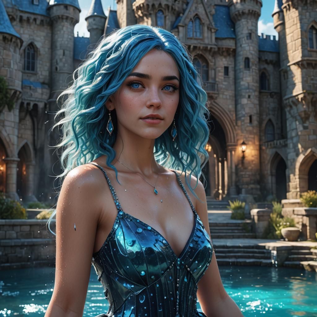 Woman with Blue Hair in Shimmering Gown