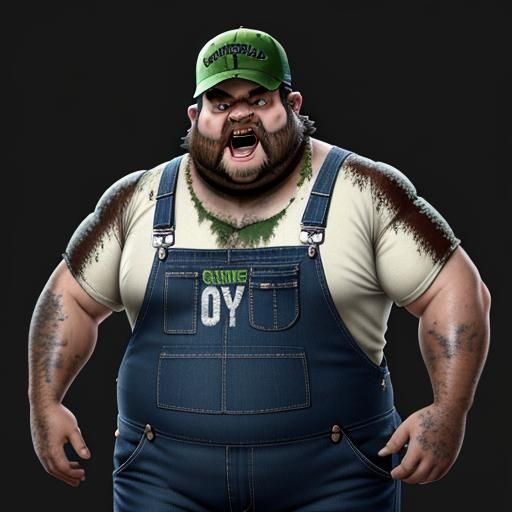 A grumpy, overweight crocodile with a scraggly beard that reaches his belly. He wears a backwards baseball cap with a ga...