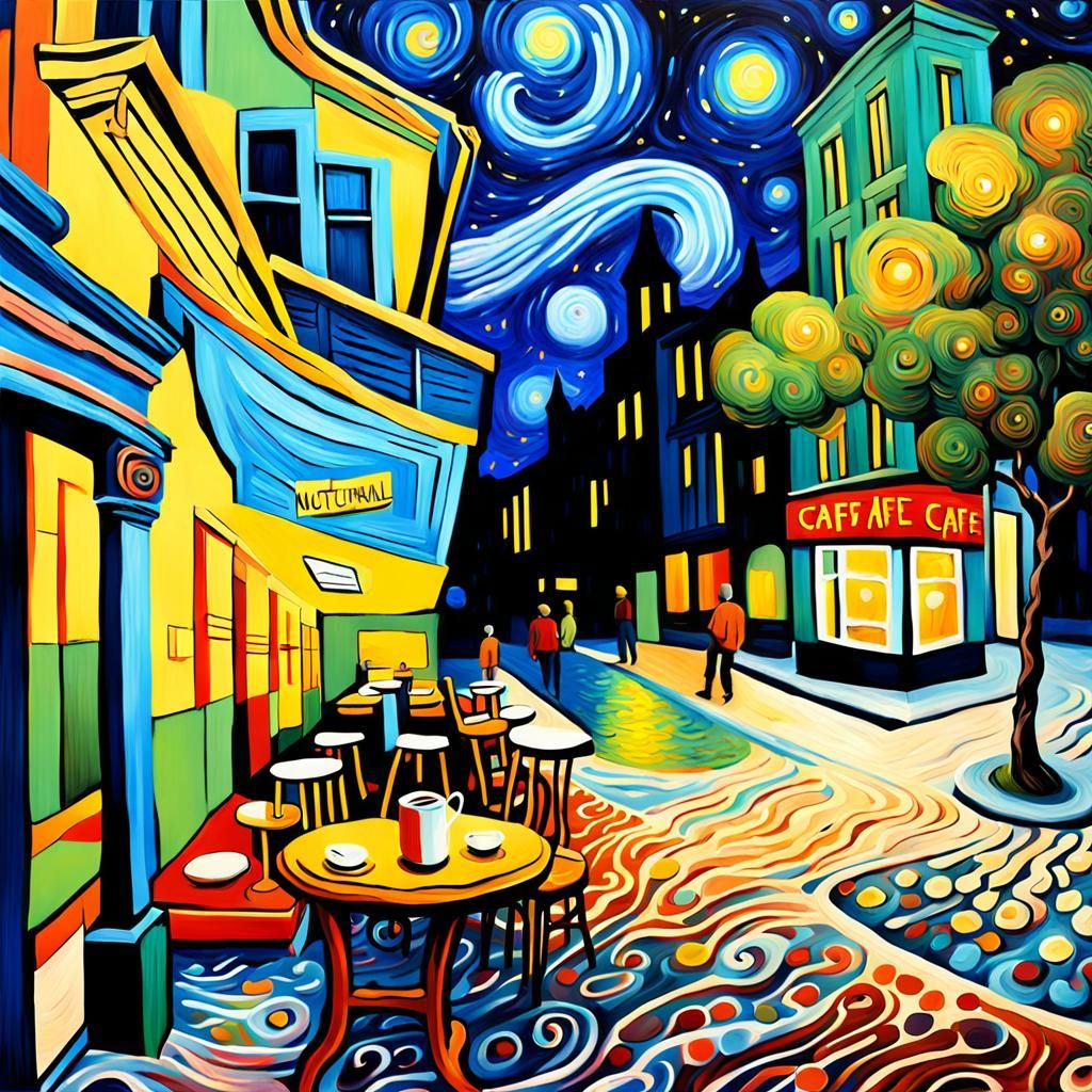 Surreal Nocturnal Café in Van Gogh Style